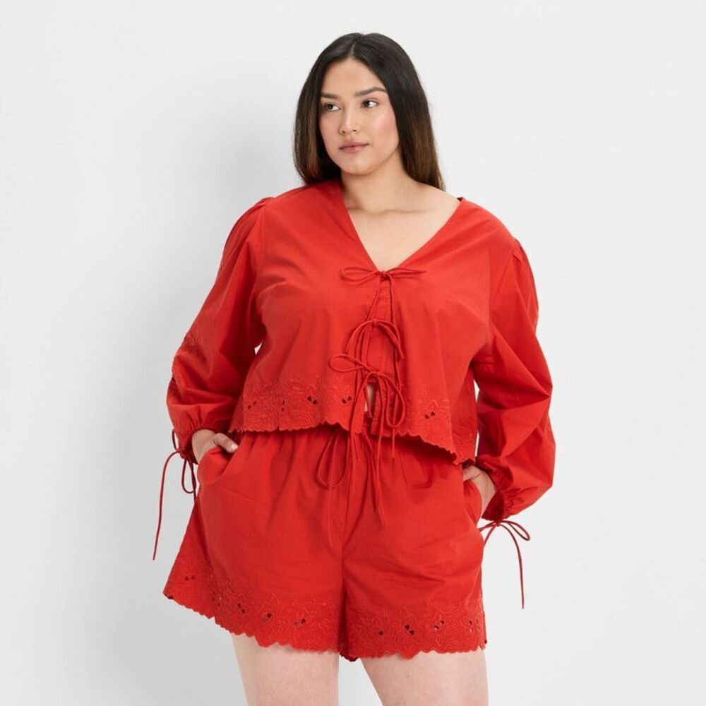 Women's Long Sleeve Eyelet Tie-Front Poplin Blouse - Future Collective Red 2X